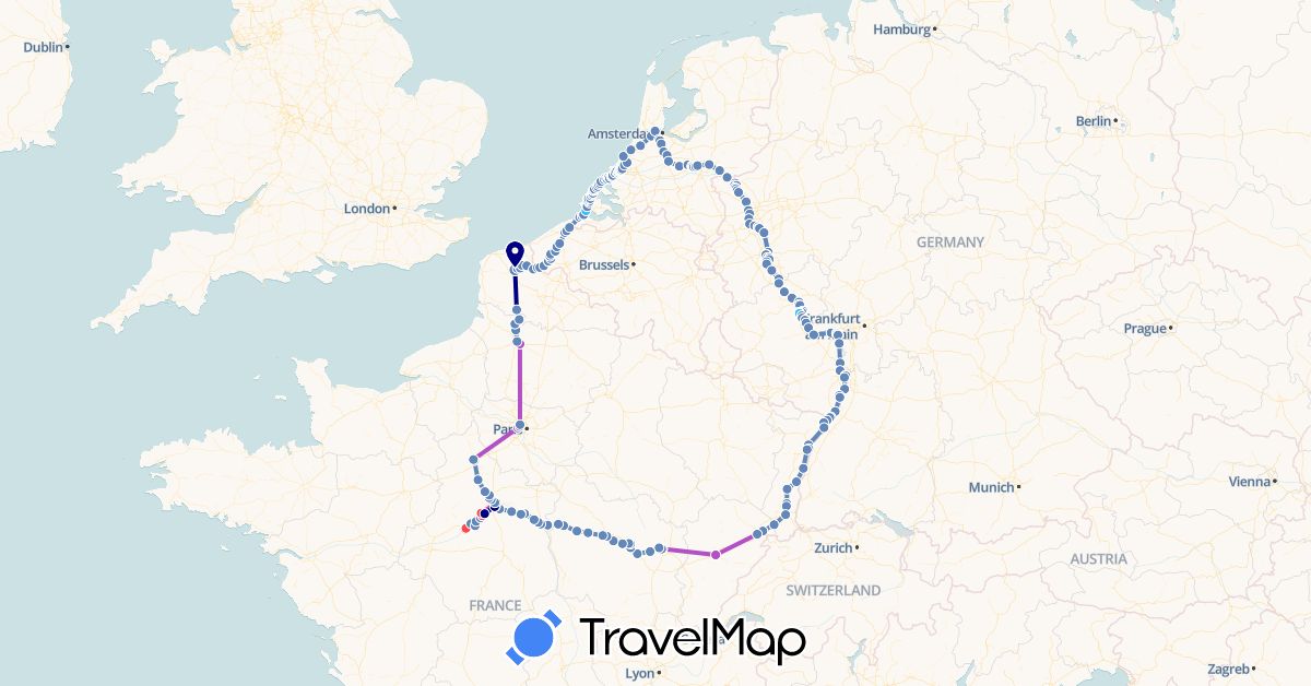 TravelMap itinerary: driving, cycling, train, hiking, boat in Belgium, Germany, France, Netherlands (Europe)